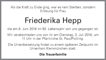Traueranzeige von Friederika Hepp von OÖNachrichten