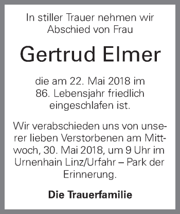 Traueranzeige von Gertrud Elmer von OÖNachrichten