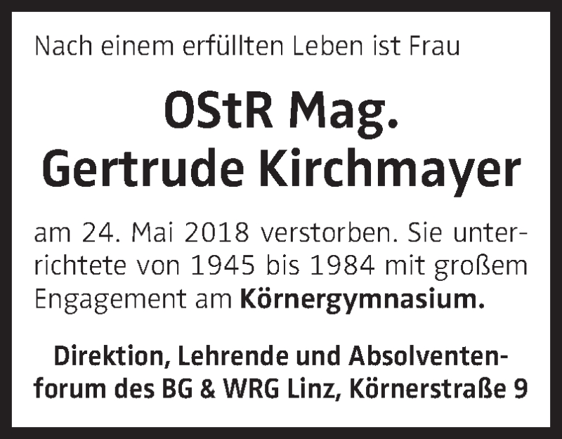  Traueranzeige für Gertrude Kirchmayer vom 04.06.2018 aus OÖNachrichten