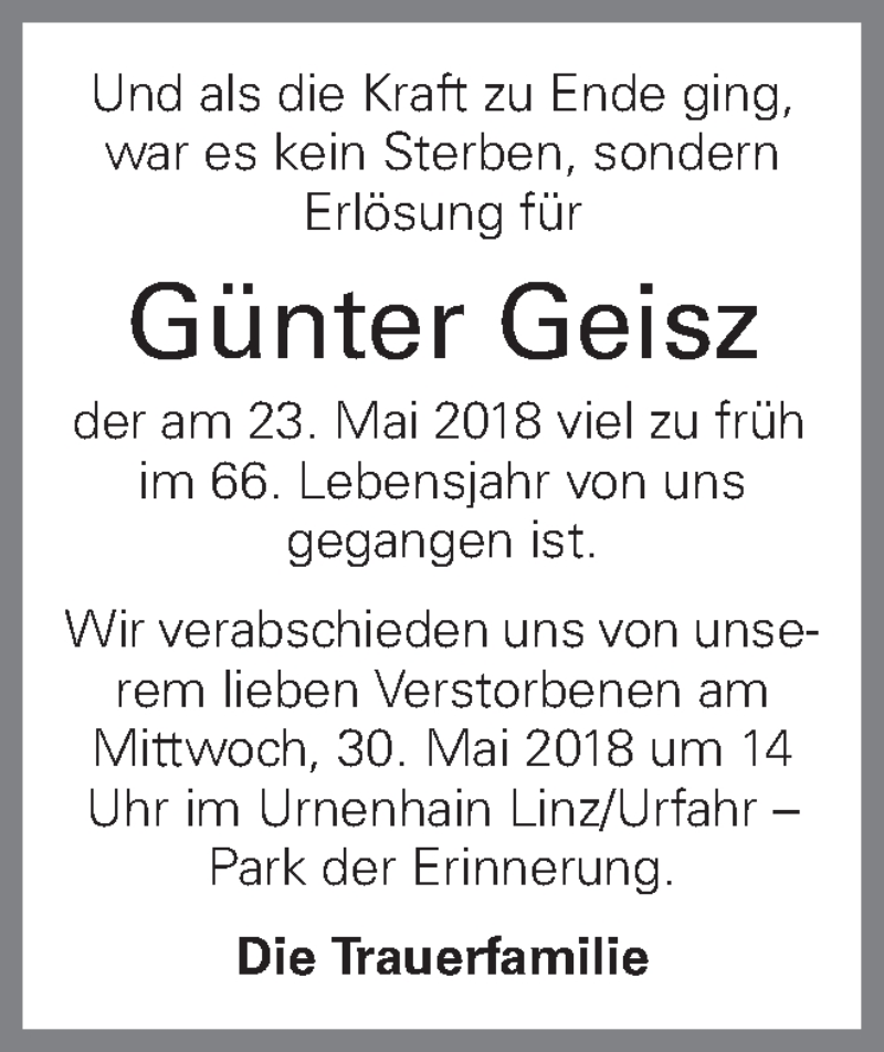  Traueranzeige für Günter Geisz vom 25.05.2018 aus OÖNachrichten