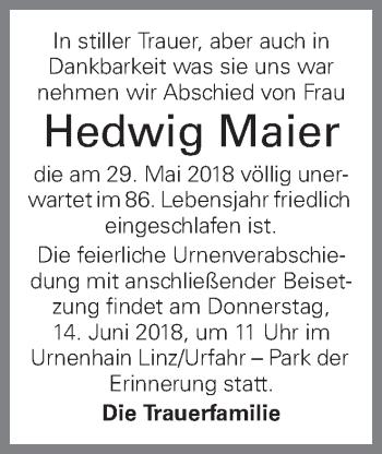 Traueranzeige von Hedwig Maier von OÖNachrichten