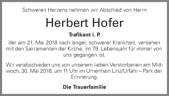 Traueranzeige von Herbert Hofer von OÖNachrichten