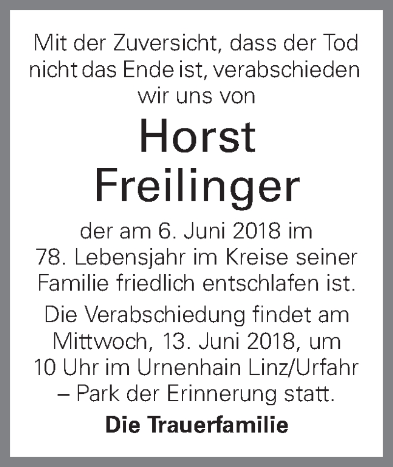 Traueranzeige für Horst Freilinger vom 09.06.2018 aus OÖNachrichten