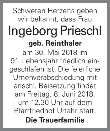 Traueranzeige von Ingeborg Prieschl von OÖNachrichten