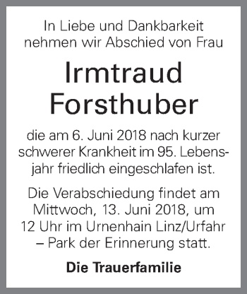 Traueranzeige von Irmtraud Forsthuber von OÖNachrichten