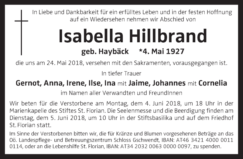  Traueranzeige für Isabella Hillbrand vom 02.06.2018 aus OÖNachrichten