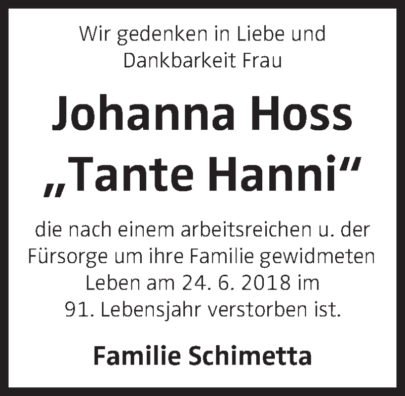  Traueranzeige für Johanna Hoss vom 28.06.2018 aus OÖNachrichten