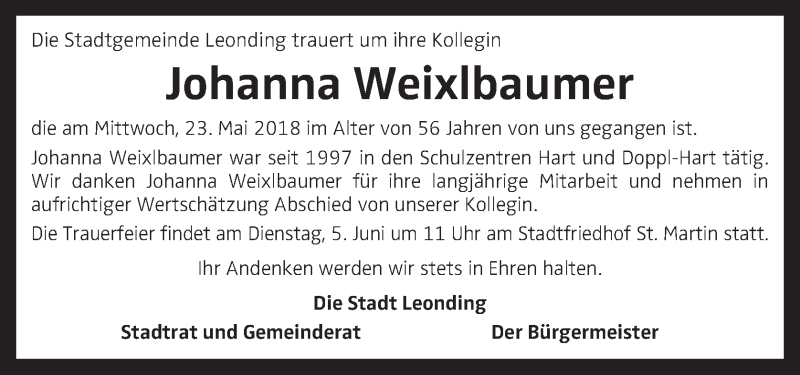  Traueranzeige für Johanna Weixlbaumer vom 01.06.2018 aus OÖNachrichten