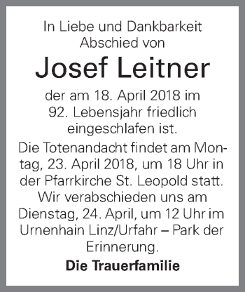 Traueranzeige von Josef Leitner von OÖNachrichten