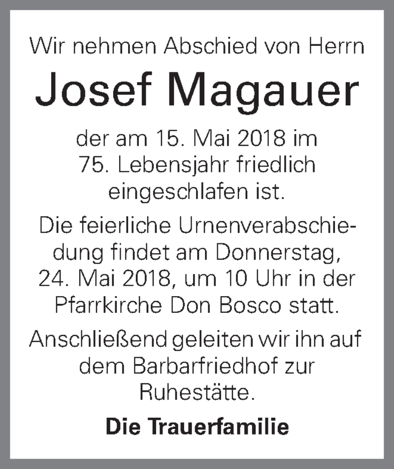  Traueranzeige für Josef Magauer vom 19.05.2018 aus OÖNachrichten