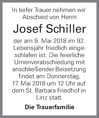 Traueranzeige von Josef Schiller von OÖNachrichten