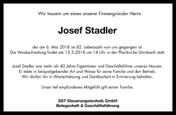 Traueranzeige von Josef Stadler von OÖNachrichten