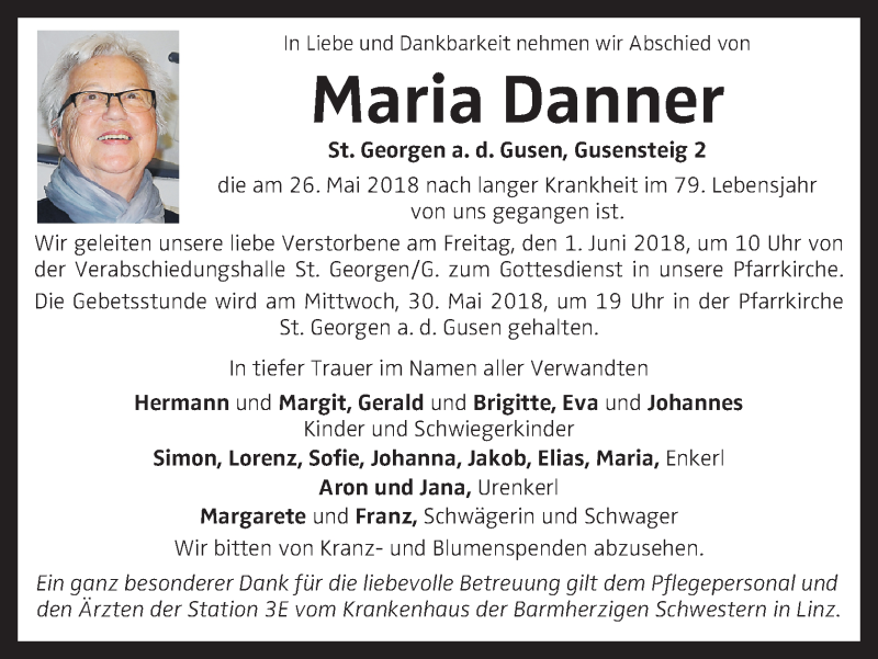  Traueranzeige für Maria Danner vom 30.05.2018 aus OÖNachrichten