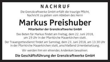 Traueranzeige von Markus Preishuber von OÖNachrichten