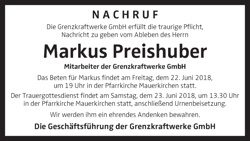 Traueranzeige für Markus Preishuber vom 21.06.2018 aus OÖNachrichten