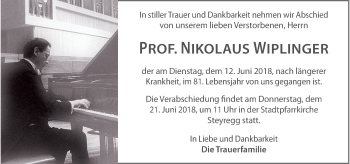 Traueranzeige von Nikolaus Wiplinger von OÖNachrichten