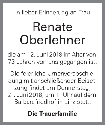 Traueranzeige von Renate Oberlehner von OÖNachrichten