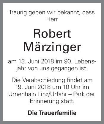 Traueranzeige von Robert Märzinger von OÖNachrichten