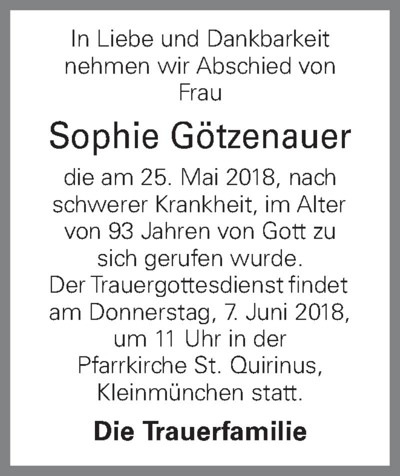  Traueranzeige für Sophie Götzenauer vom 01.06.2018 aus OÖNachrichten