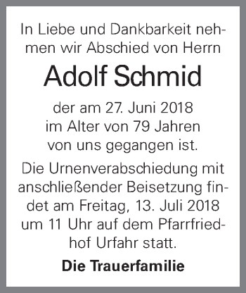 Traueranzeige von Adolf Schmid von OÖNachrichten