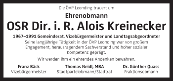 Traueranzeige von Alois Kreinecker von OÖNachrichten