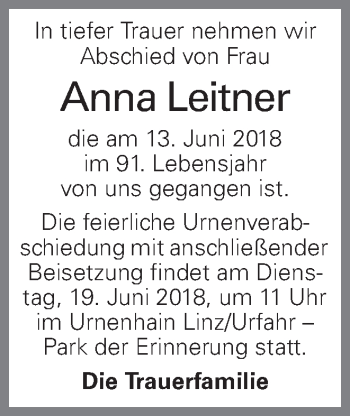 Traueranzeige von Anna Leitner von OÖNachrichten