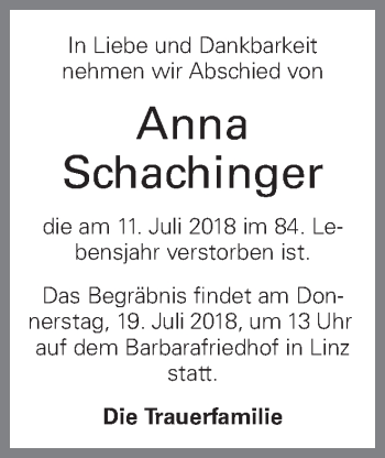 Traueranzeige von Anna Schachinger von OÖNachrichten