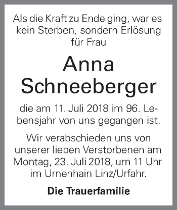 Traueranzeige von Anna Schneeberger von OÖNachrichten