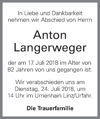 Traueranzeige von Anton Langerweger von OÖNachrichten