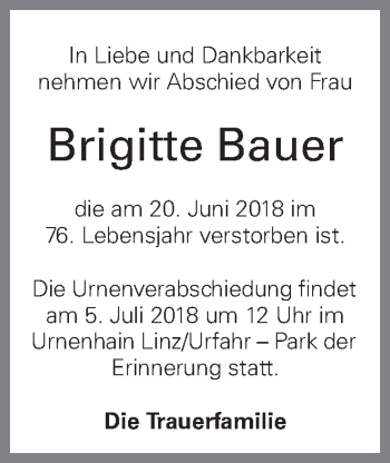 Traueranzeige von Brigitte Bauer von OÖNachrichten
