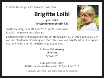 Traueranzeige von Brigitte Loibl von OÖNachrichten