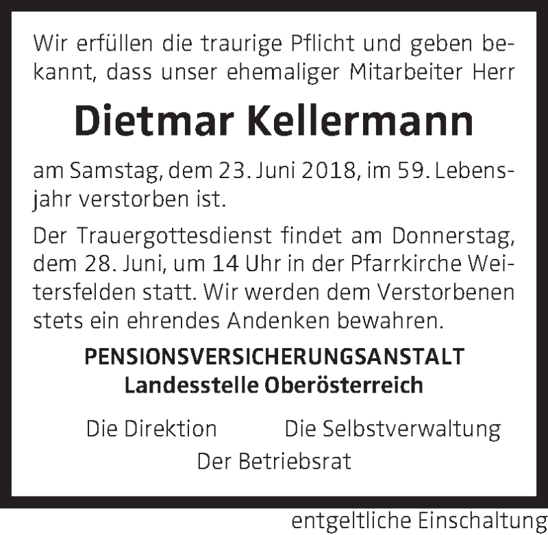 Traueranzeige für Dietmar Kellermann vom 27.06.2018 aus OÖNachrichten