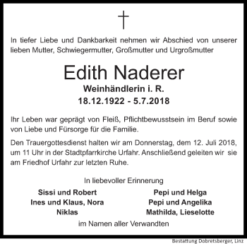 Traueranzeige von Edith Naderer von OÖNachrichten