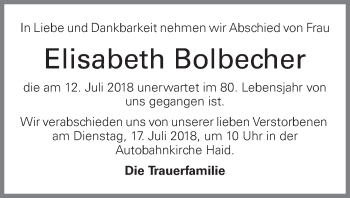 Traueranzeige von Elisabeth Bolbecher von OÖNachrichten