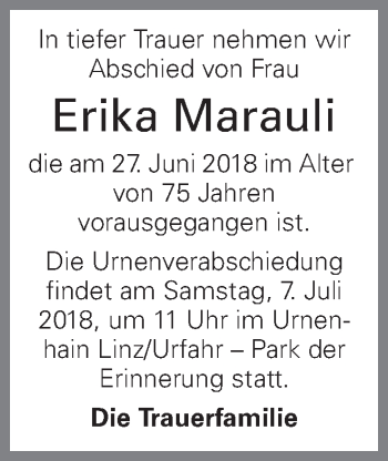 Traueranzeige von Erika Marauli von OÖNachrichten