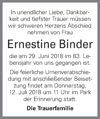 Traueranzeige von Ernestine Binder von OÖNachrichten