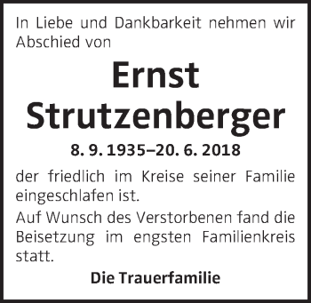 Traueranzeige von Ernst Strutzenberger von OÖNachrichten