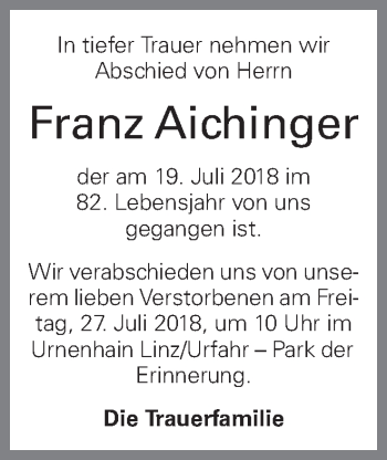 Traueranzeige von Franz Aichinger von OÖNachrichten