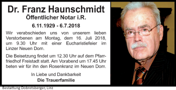 Traueranzeige von Franz Haunschmidt von OÖNachrichten