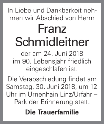 Traueranzeige von Franz Schmidleitner von OÖNachrichten