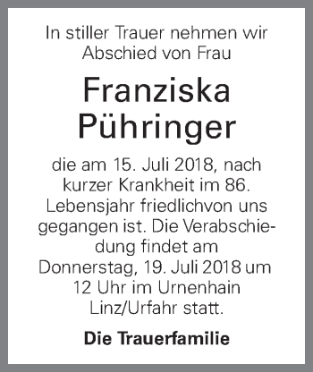 Traueranzeige von Franziska Pühringer von OÖNachrichten