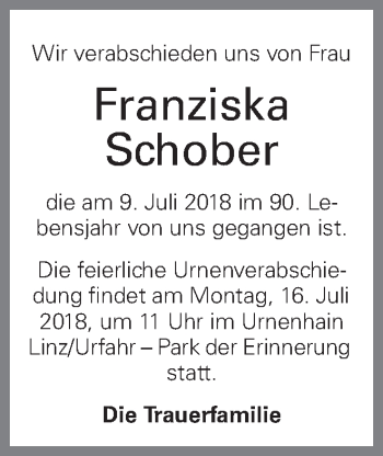 Traueranzeige von Franziska Schober von OÖNachrichten