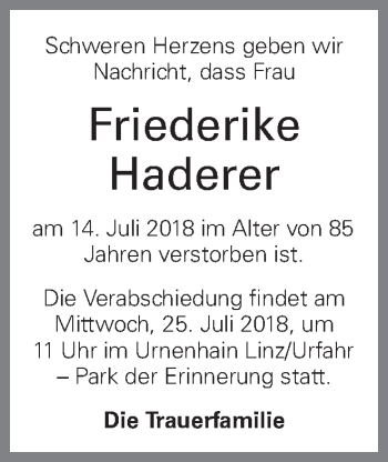 Traueranzeige von Friederike Haderer von OÖNachrichten