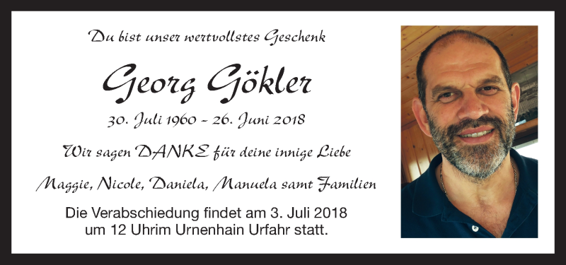  Traueranzeige für Georg Gökler vom 30.06.2018 aus OÖNachrichten
