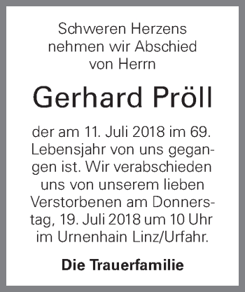 Traueranzeige von Gerhard Pröll von OÖNachrichten
