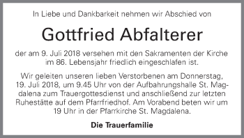 Traueranzeige von Gottfried Abfalterer von OÖNachrichten