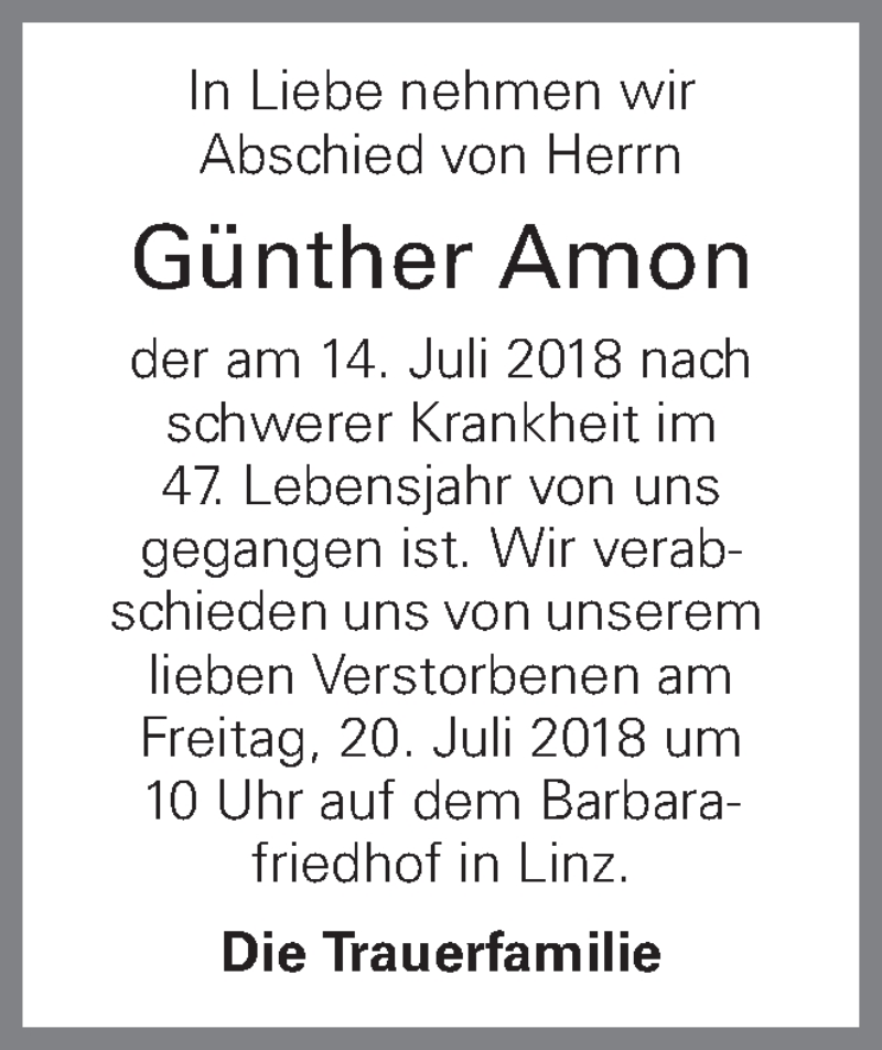  Traueranzeige für Günther Amon vom 18.07.2018 aus OÖNachrichten