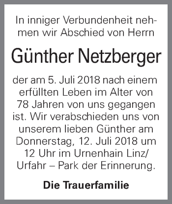 Traueranzeige von Günther Netzberger von OÖNachrichten