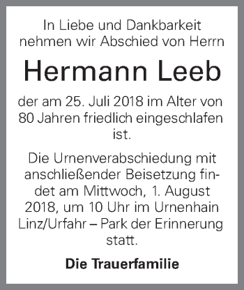 Traueranzeige von Hermann Leeb von OÖNachrichten