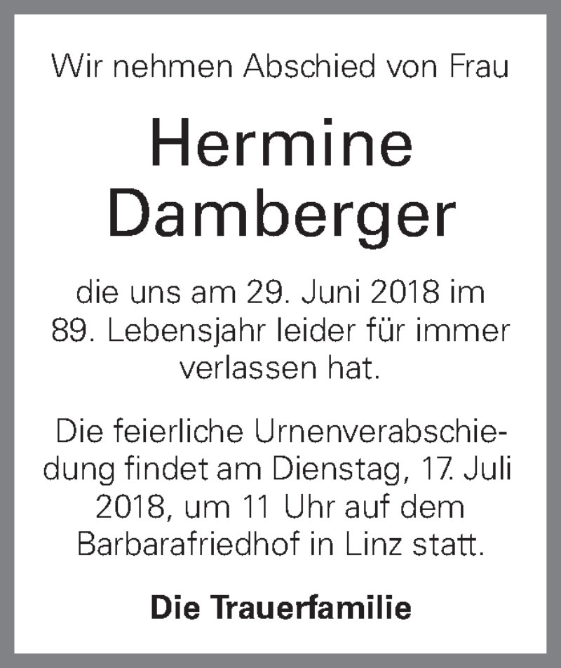  Traueranzeige für Hermine Damberger vom 13.07.2018 aus OÖNachrichten